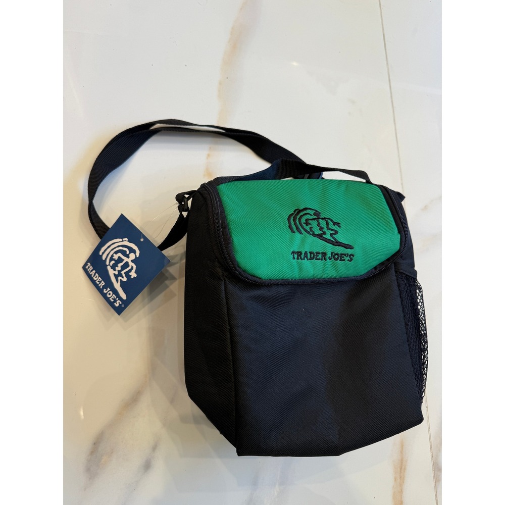 Vintage Trader Joe's Insulated Lunch Bag Cooler Black Green Adjustable Strap NWT